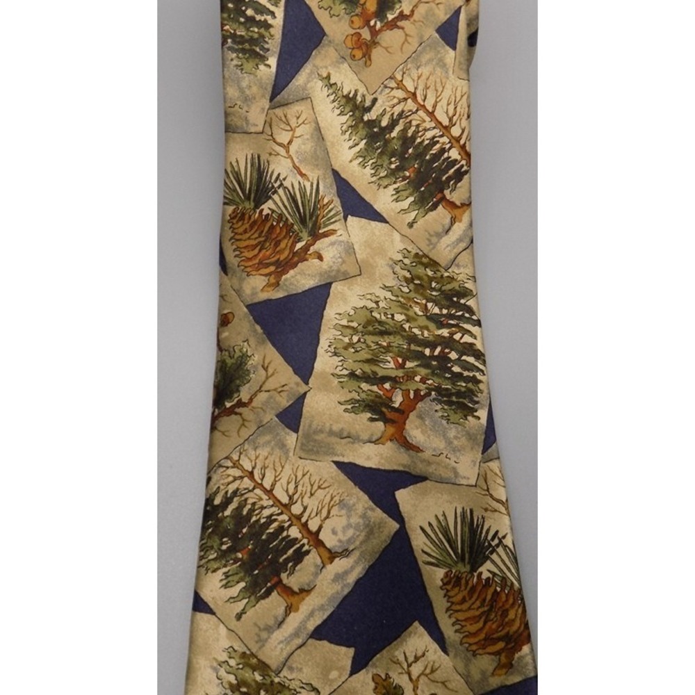 100% Silk Oscar de la Renta Tie Couture Tree Acorn Pinecone Print Hand Sewn USA - Picture 11 of 11